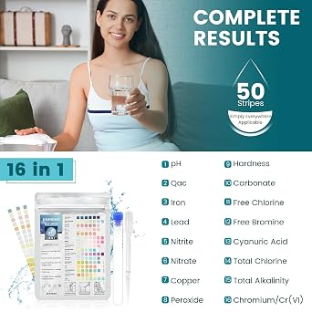Drinking Water Ph Test Kit, 50 Strips 16 in 1 Home Quality Testing | Checks Lead, Manganese, Nitrate and Iron Levels for Taps, Pools and Routine Analysis, with Colour Chart for Visual Reading