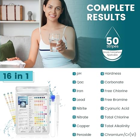 Drinking Water Ph Test Kit, 50 Strips 16 in 1 Home Quality Testing | Checks Lead, Manganese, Nitrate and Iron Levels for Taps, Pools and Routine Analysis, with Colour Chart for Visual Reading