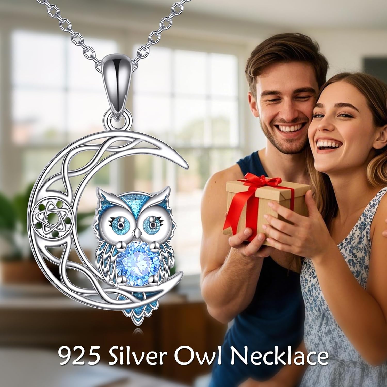 Owl Birthstone Necklace Sterling Silver Celtic Moon Pendant Cubic Zirconia Owls Jewelry Birthday Gifts for Women Men - Image 6