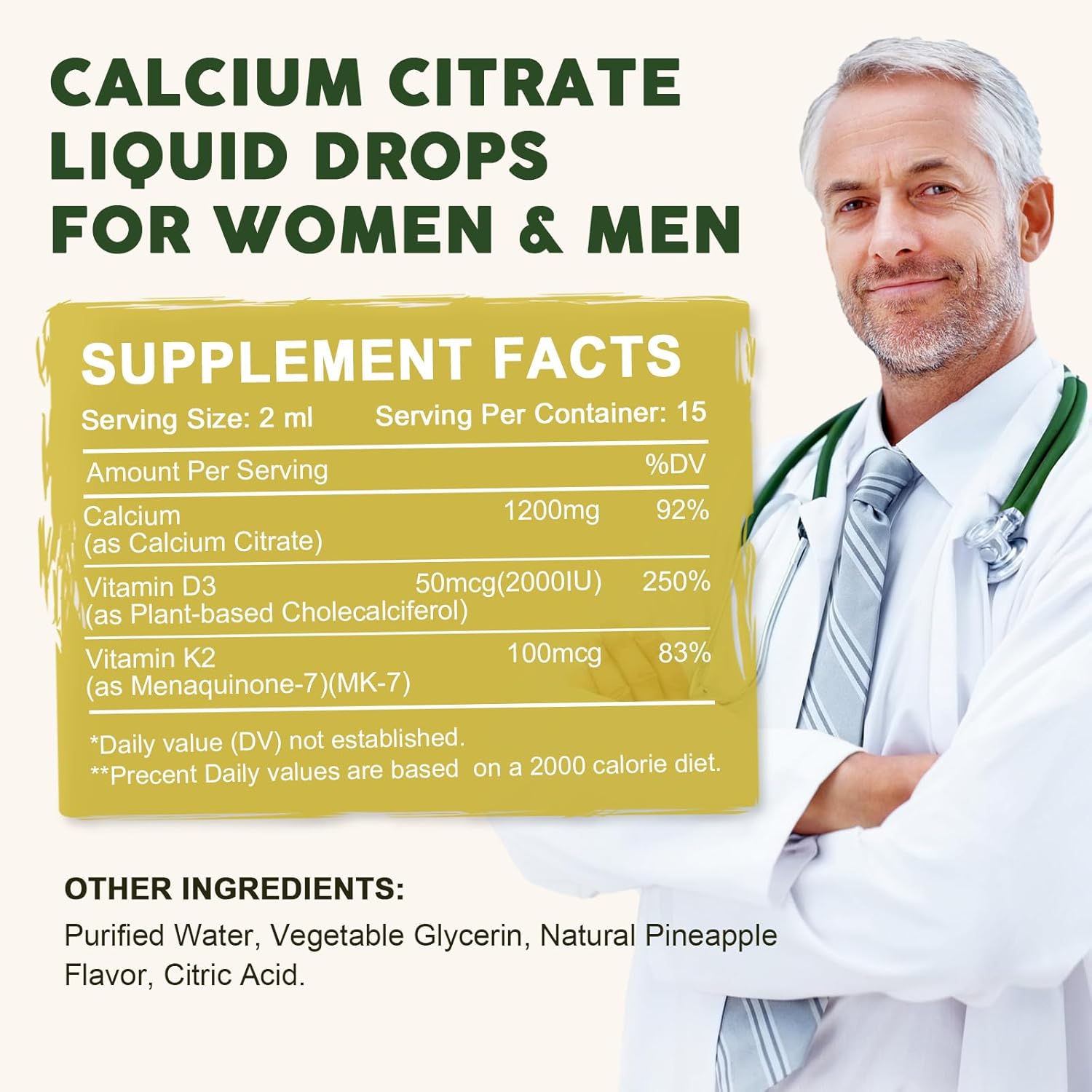 Calcium Citrate 1200 mg with Vitamin D3 Liquid Drops for Women & Men, Calcium Citrate with Vitamin D3 & K2 for Bone Muscle & Teeth- 2 Fl oz- 30 Day Vegan Supply - Image 7