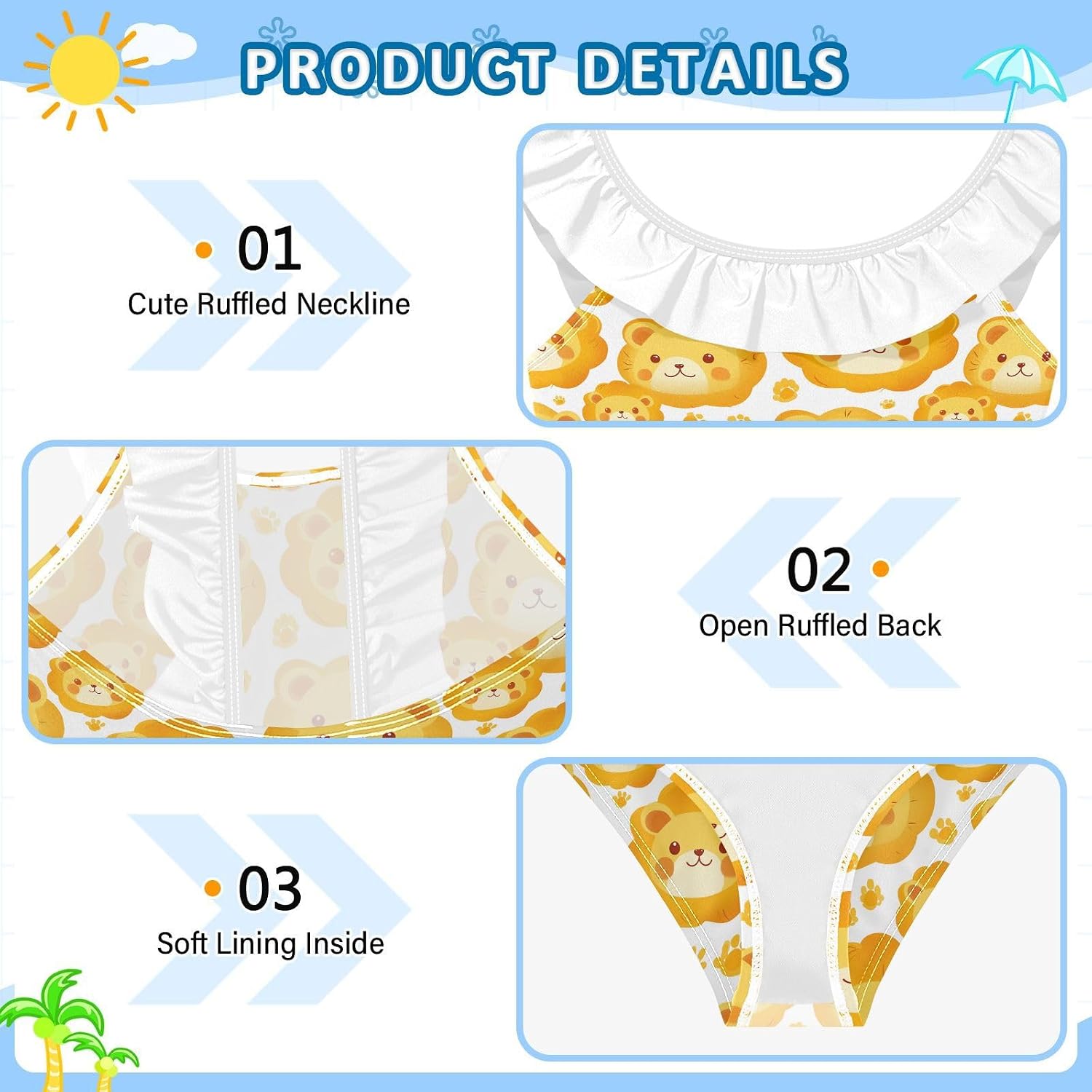 visesunny Girls One Piece Swimsuits Ruffle Swimwear Lion Head Footprint Bathing Suits for Girls 3-6Y