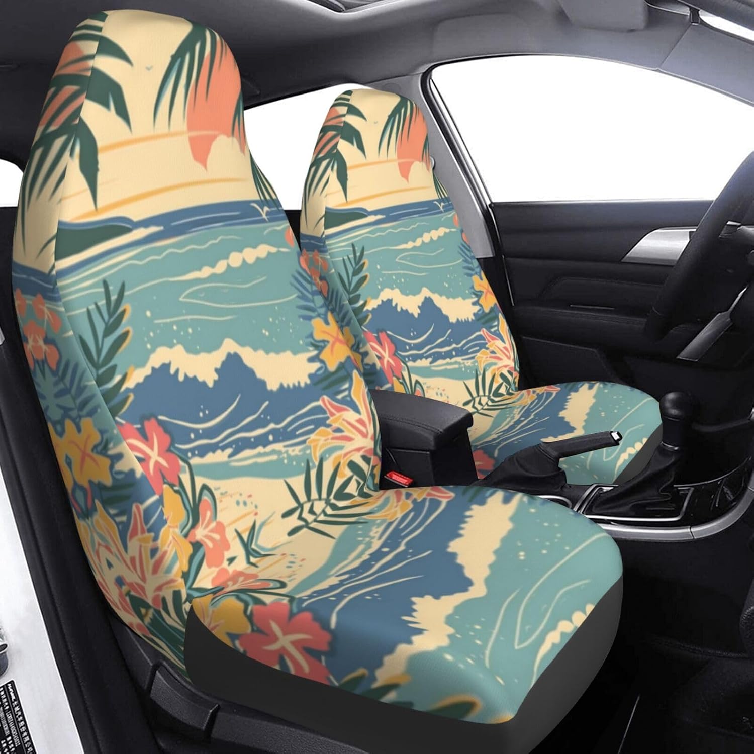 Beach Waves Palm Trees Car Seat Covers Universal 2 Pcs Auto Front Seat Cover Fit Most Cars,SUV,Sedan,Trucks