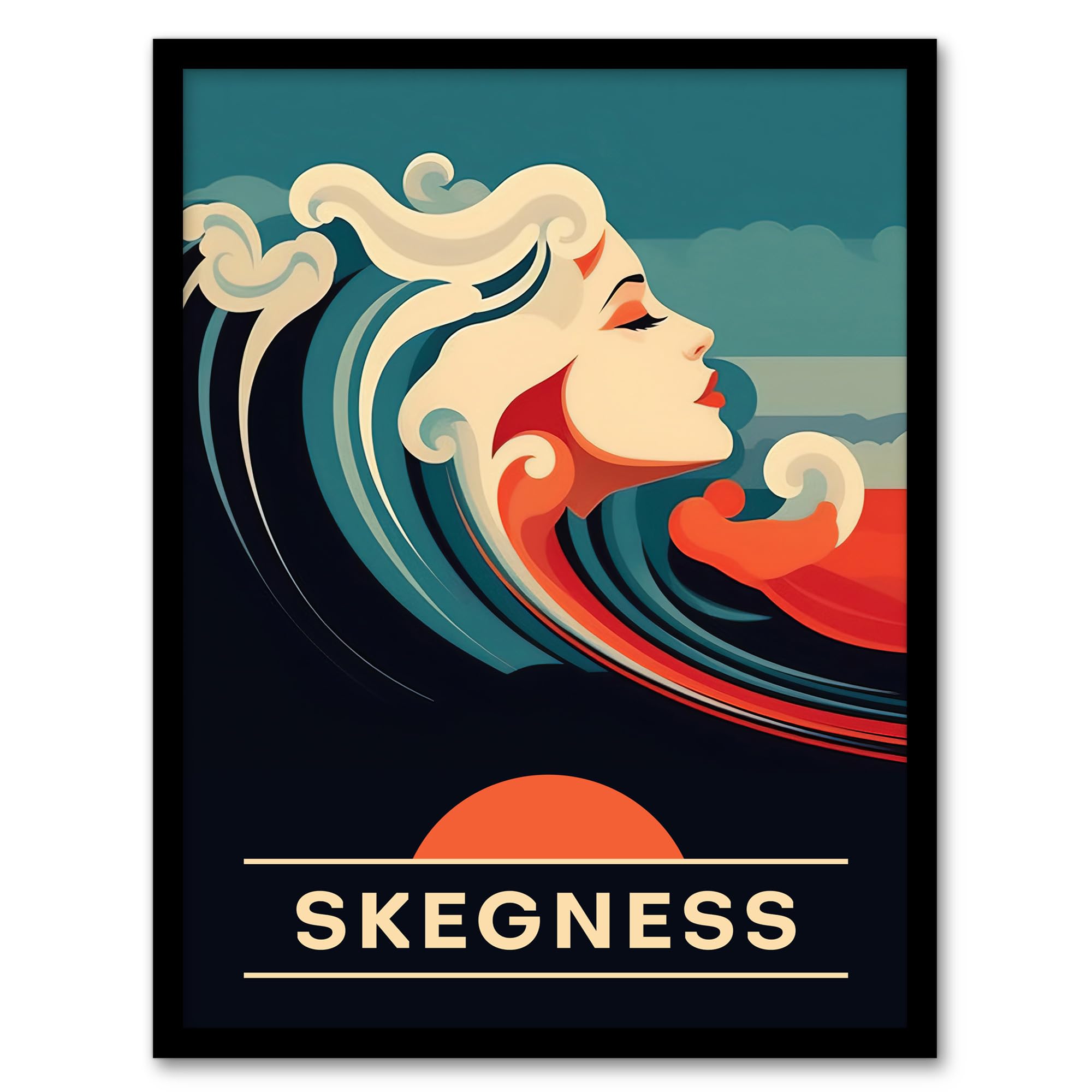 Artery8 The Seaside Calls Skegness Beach England UK Sunset Woman of the Waves Sea Siren Ocean Artwork Framed Wall Art Print A4
