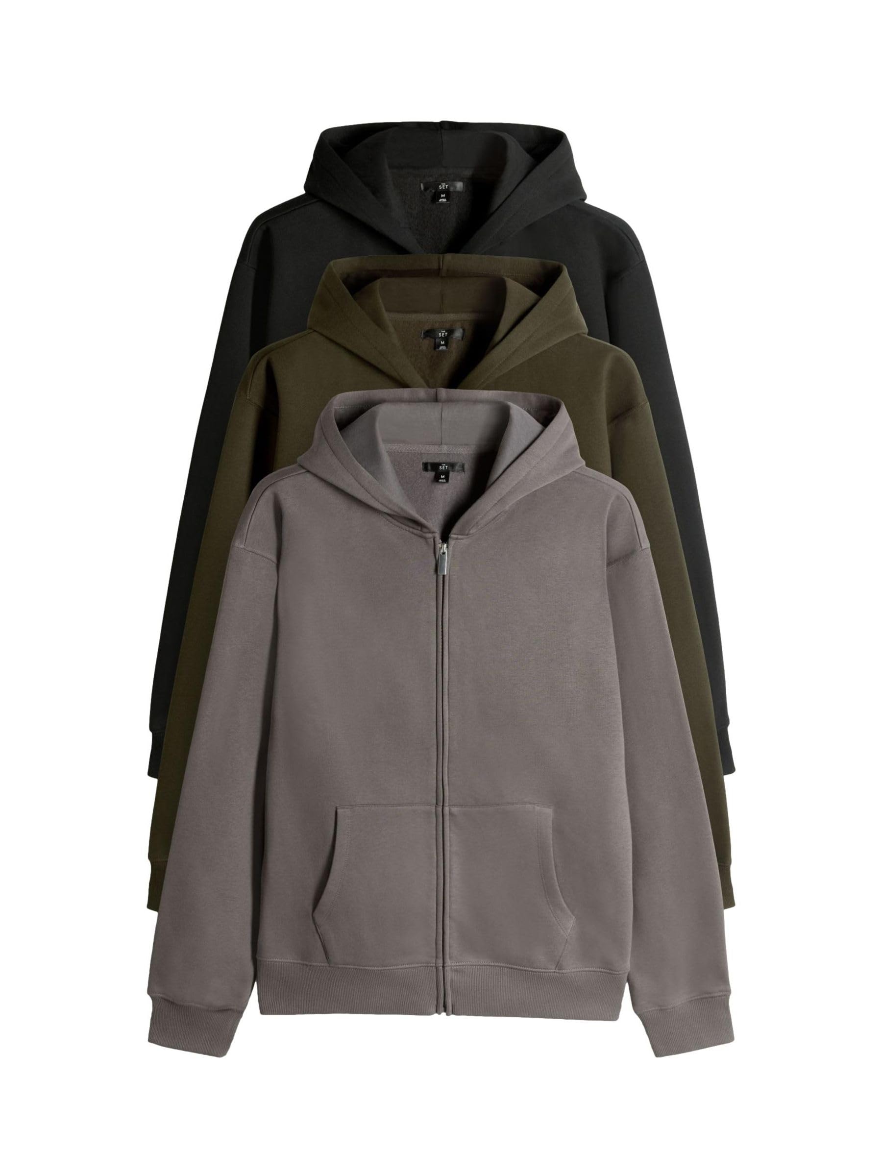 THE SET Hombres Pack de 3 Sudaderas con Capucha y Cremallera