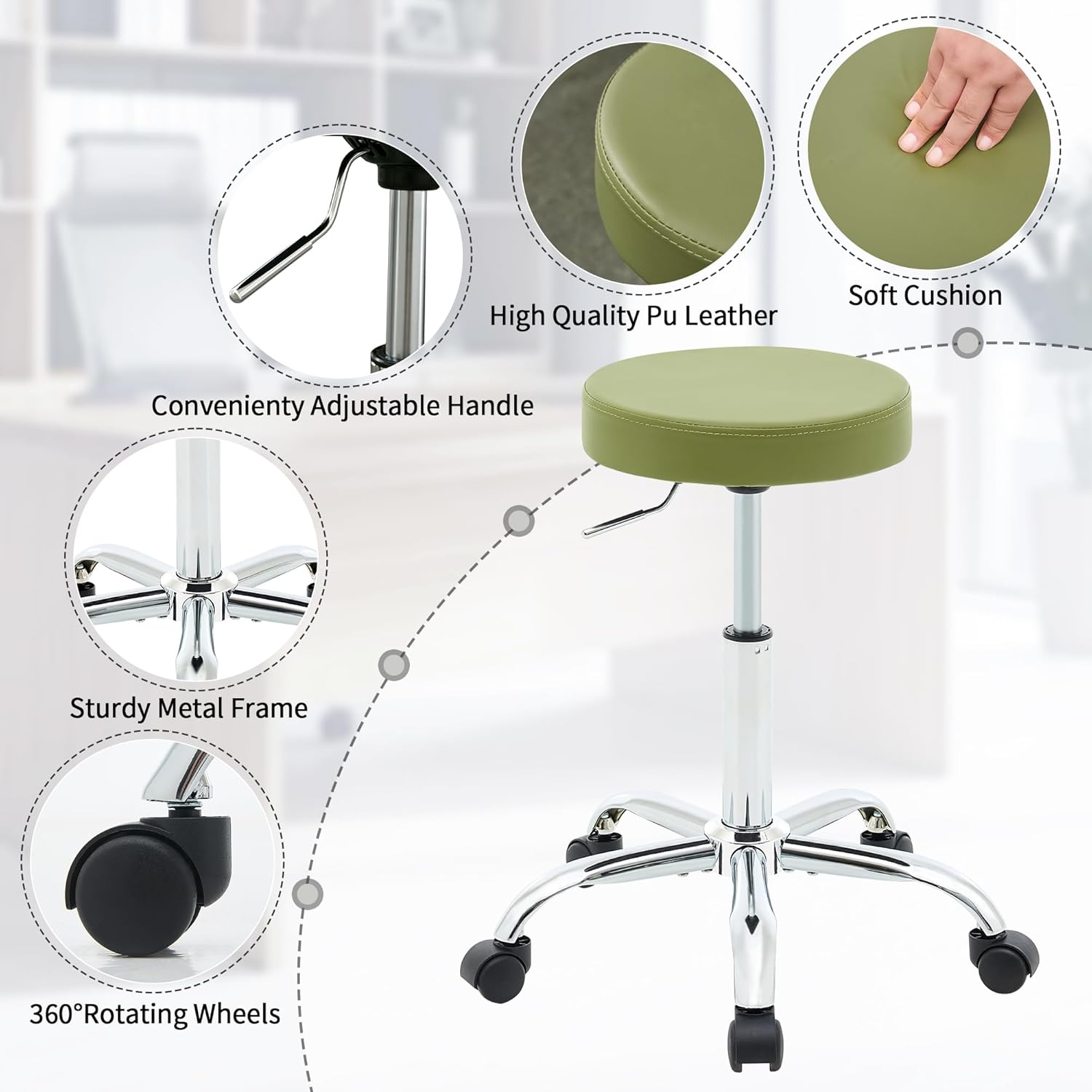 FIRAVOE Office Drafting Chair, Adjustable Drafting Stool on Wheels 19.5"-26.6", Green Salon Rolling Chair (Green)