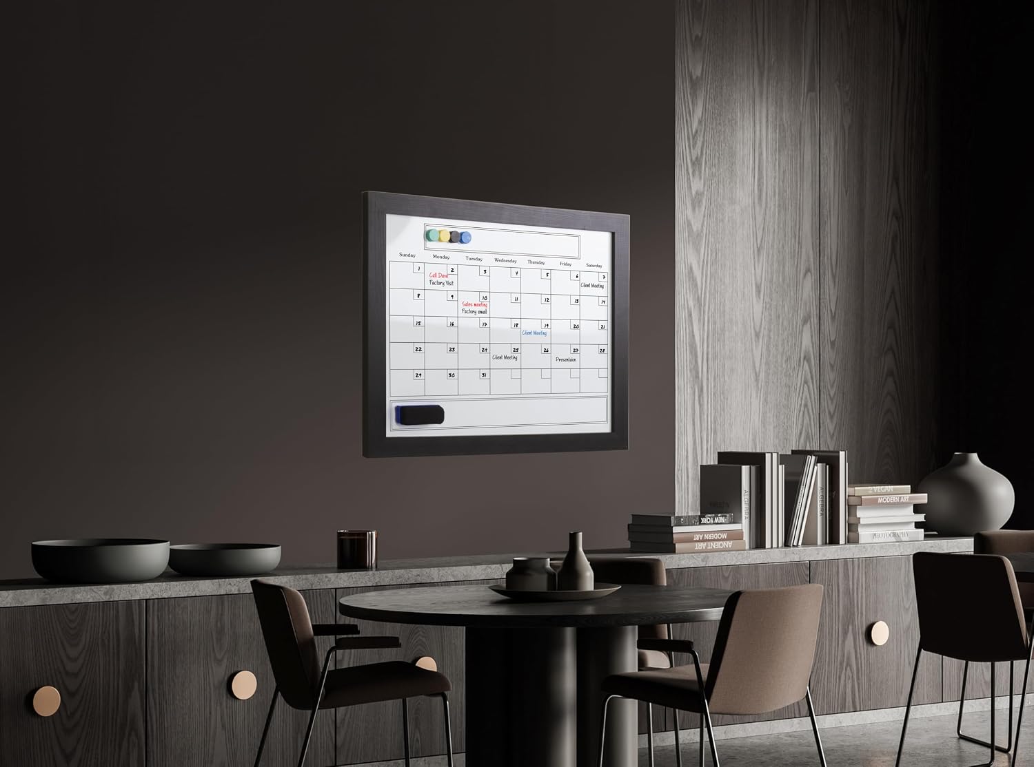 Large Magnetic Dry Erase Whiteboard Calendar with Real Wooden Frame, Large 24" x 30" Size, Wall Mount, Includes 4 Assorted Color Markers, Eraser and 4 Magnets, by Better Office Products (Solid Black)