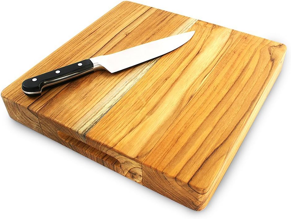 Terra Teak Square Wood Cutting Board 14x14 Inch, 2 Inch Thick Chopping Board