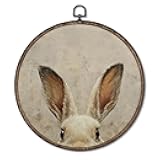 Giosve Vintage Bunny Round Wall Art Canvas Framed Poster, Farmhouse Retro Rustic Neutral Rabbit Hanging Wall Sculptures for Bedroom Home Living Room Decor, 10x10 Inch