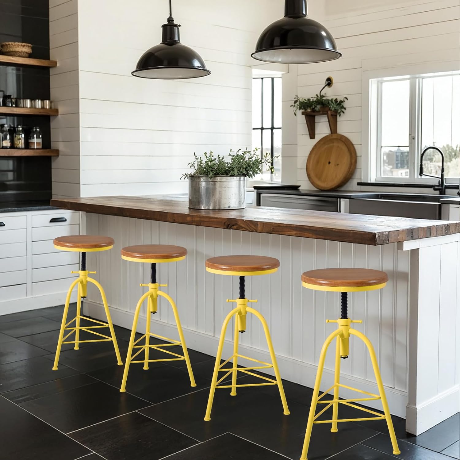 Topower Antique Industrial Design Metal Adjustable Height Bar Stool, Kitchen Dining Breakfast Chair, Wood Seat Counter Stool, Set of 2, Yellow