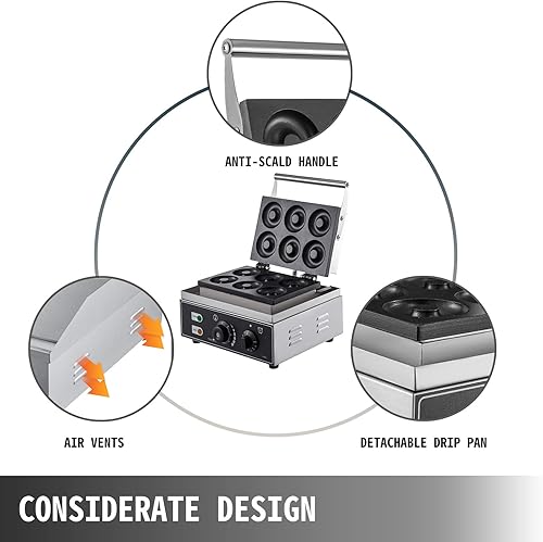 Miniatura 6 de VEVOR - Máquina comercial de donas de gofres de 110 V, 6 agujeros, calefacción de doble cara 122.0-572.0 °F, máquina eléctrica de donas 1550 W