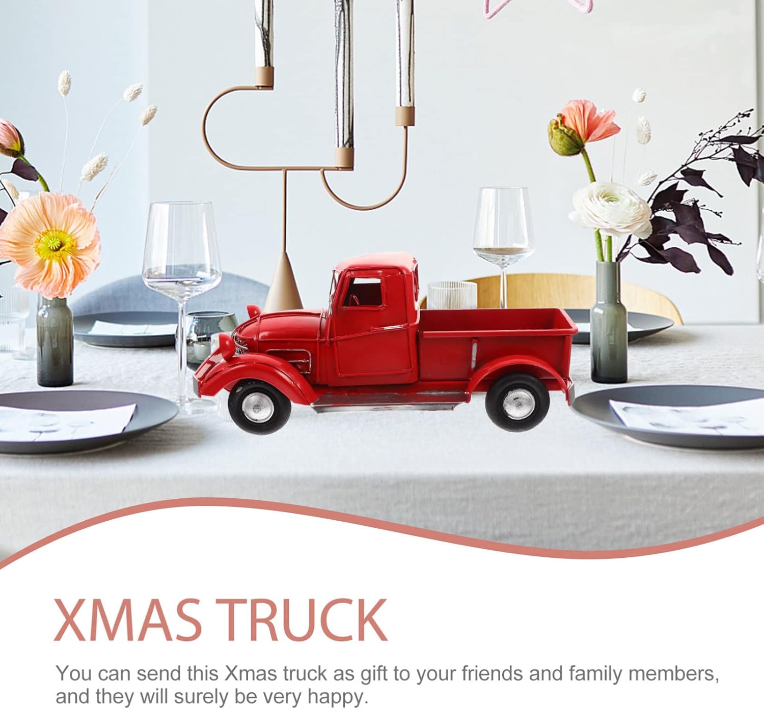 Retro Red Truck Metal Truck Ornament Xmas Adornment Christmas Truck Xmas Red Truck Model Christmas Truck with Tree Models Metal Car Craft Car Model Wrought Iron