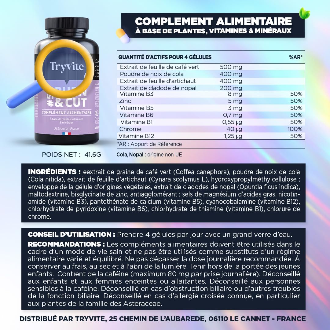 TRYVITE | Formule Silhouette, Satiété & Gestion des Portions | Café Vert, Cola, Artichaut & Nopal | 90 Gélules | Fabriqué en France