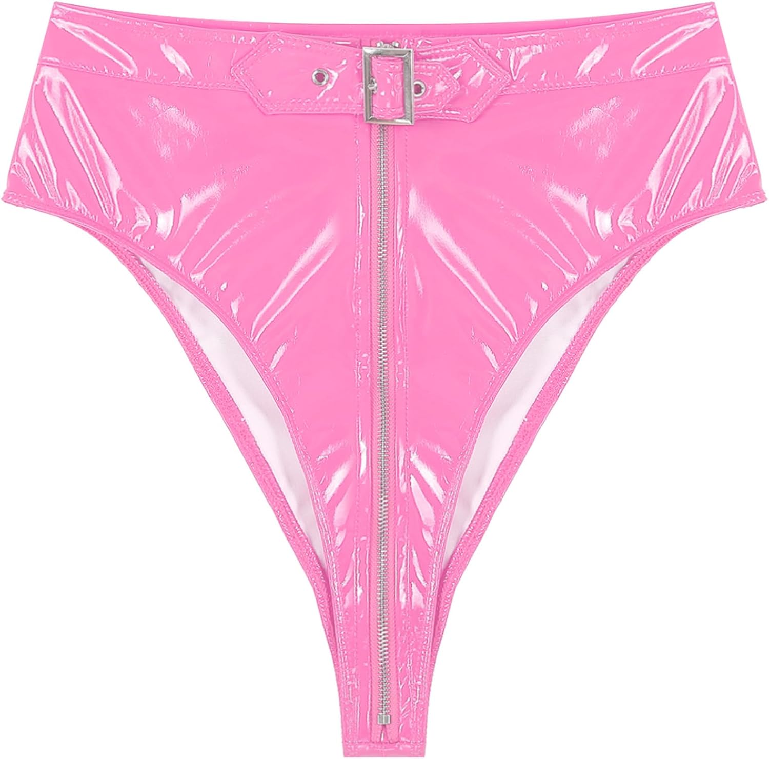 Lejafay Women's PVC Leather High Waist Thongs G Underwear Buckles Zipper Crotch Underpants