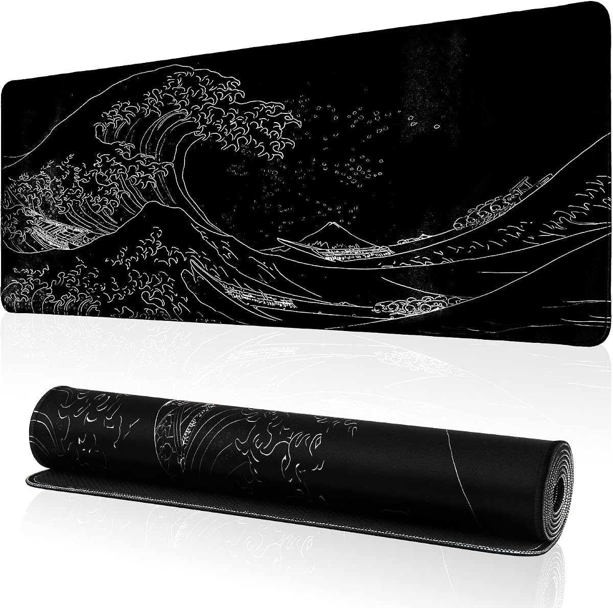 Japanese Sea Wave Gaming Mouse Pad, Anime Gaming Mousepad, Extended Kanagawa Mat Desk Mat, Large Desk pad 31.5x11.8 Inch 2mm Thick Long Non-Slip Rubber Base Mouse Pads (White)