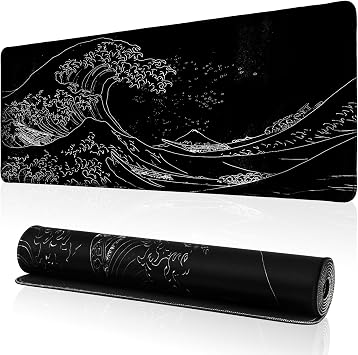 Sea Wave Oyun Mouse Pad, Anime Oyun Fare Altl , Geni letilmi  Kanagawa Mat Masa  rt s , B y k Masa Altl  31,5 x 11,8 in  3 mm Kal n Uzun Kaymaz Kau uk Tabanl  Fare Altl  Siyah