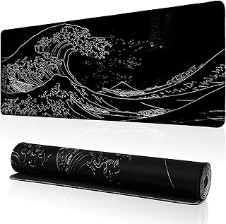 Japanese Sea Wave Gaming Mouse Pad, Anime Gaming Mousepad, Extended Kanagawa Mat Desk Mat, Large Desk pad 31.5x11.8 Inch 2mm Thick Long Non-Slip Rubber Base Mouse Pads (Black)