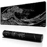 Japanese Sea Wave Gaming Mouse Pad, Anime Gaming Mousepad, Extended Kanagawa Mat Desk Mat, Large Desk pad 31.5x11.8 Inch 2mm Thick Long Non-Slip Rubber Base Mouse Pads (Black)