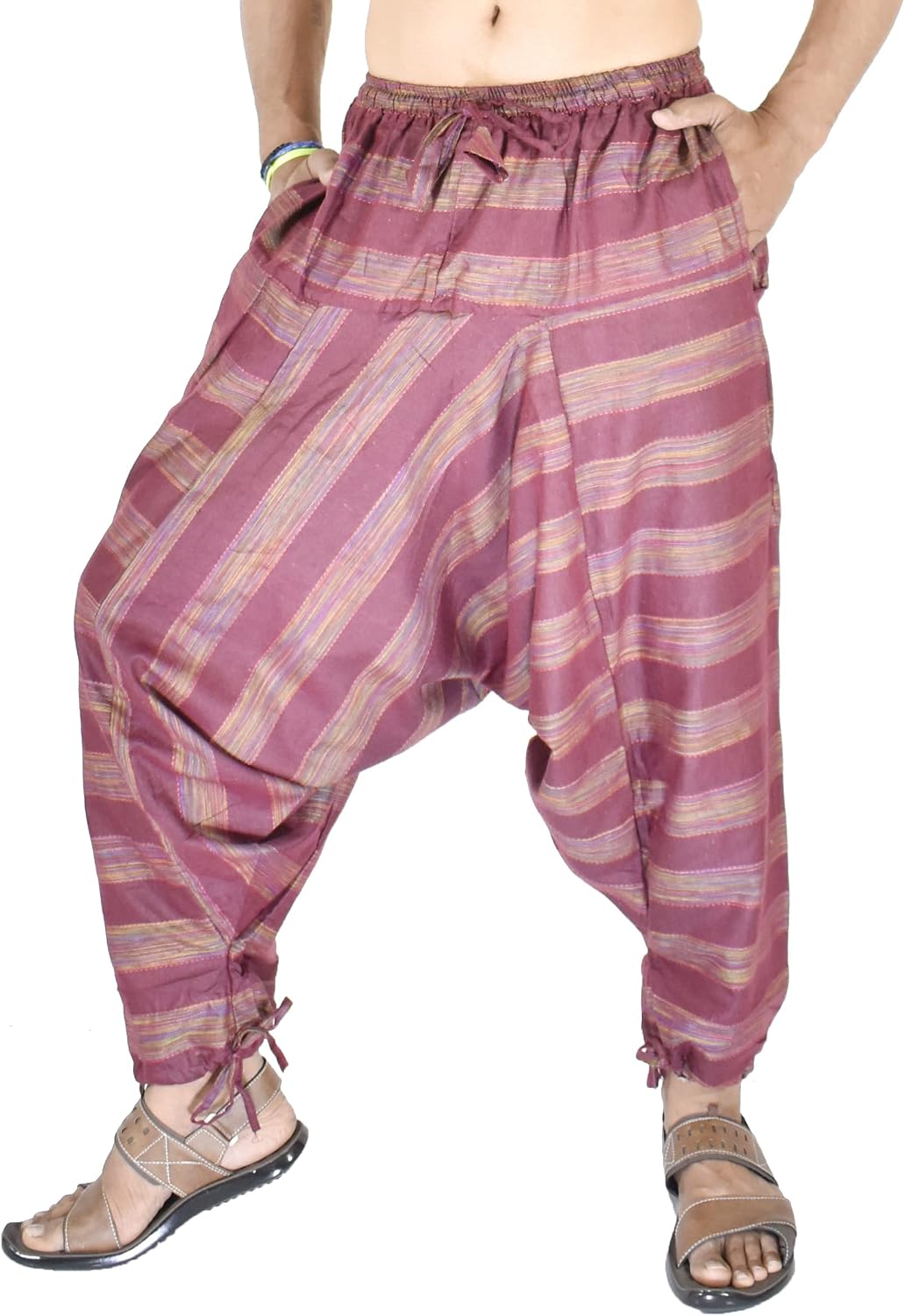 Whitewhale Mens Cotton Stripe Harem Pants Pockets Yoga Trousers Hippie