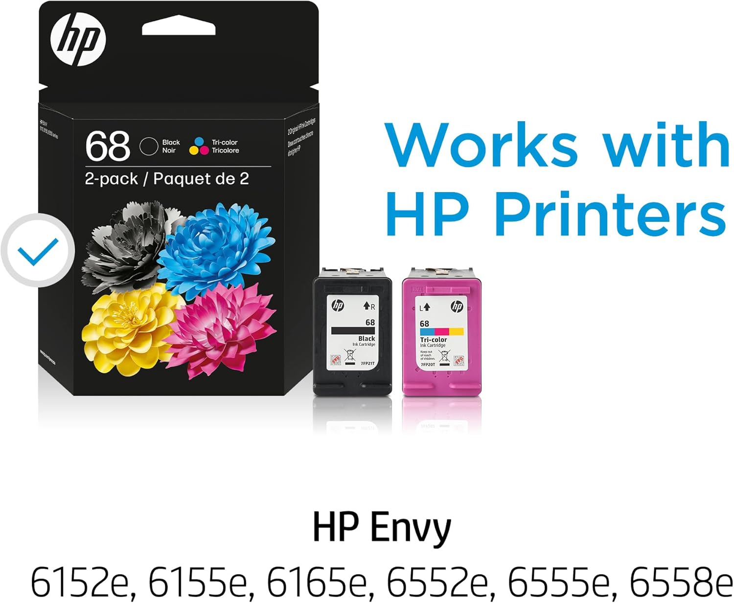 HP 68 ink cartridges compatible with HP Envy 6152e, 6155e, 6165e, 6552e, 6555e, 6558e printers.