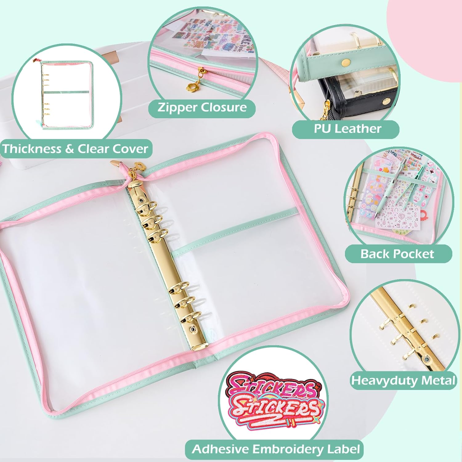 2pcs Sticker Collection Organizer Binder large capacity (65 sheet), PU leather clear sticker storage book album with zipper closure,double-sided Collecting for journal scrapbook planner (Black+Green)