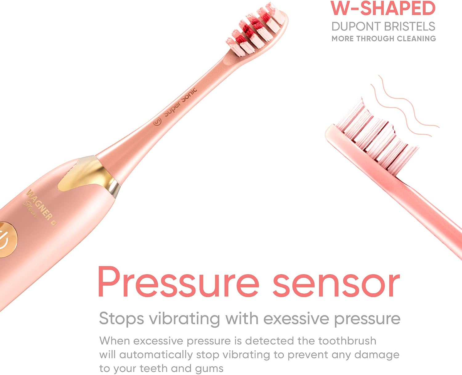 Wagner & Stern. Duette Series. 2 Electric toothbrushes with Pressure Sensor. 5 Brushing Modes and 4 Intensity Levels, 10 Dupont Bristles, 2 Premium Travel Cases. (Pink/Blue)