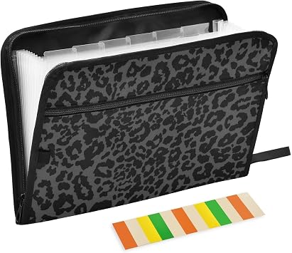 Accordion File Organizer Black-White Leopard Print 13 Pockets Expanding File Folder with Rainbow Labels