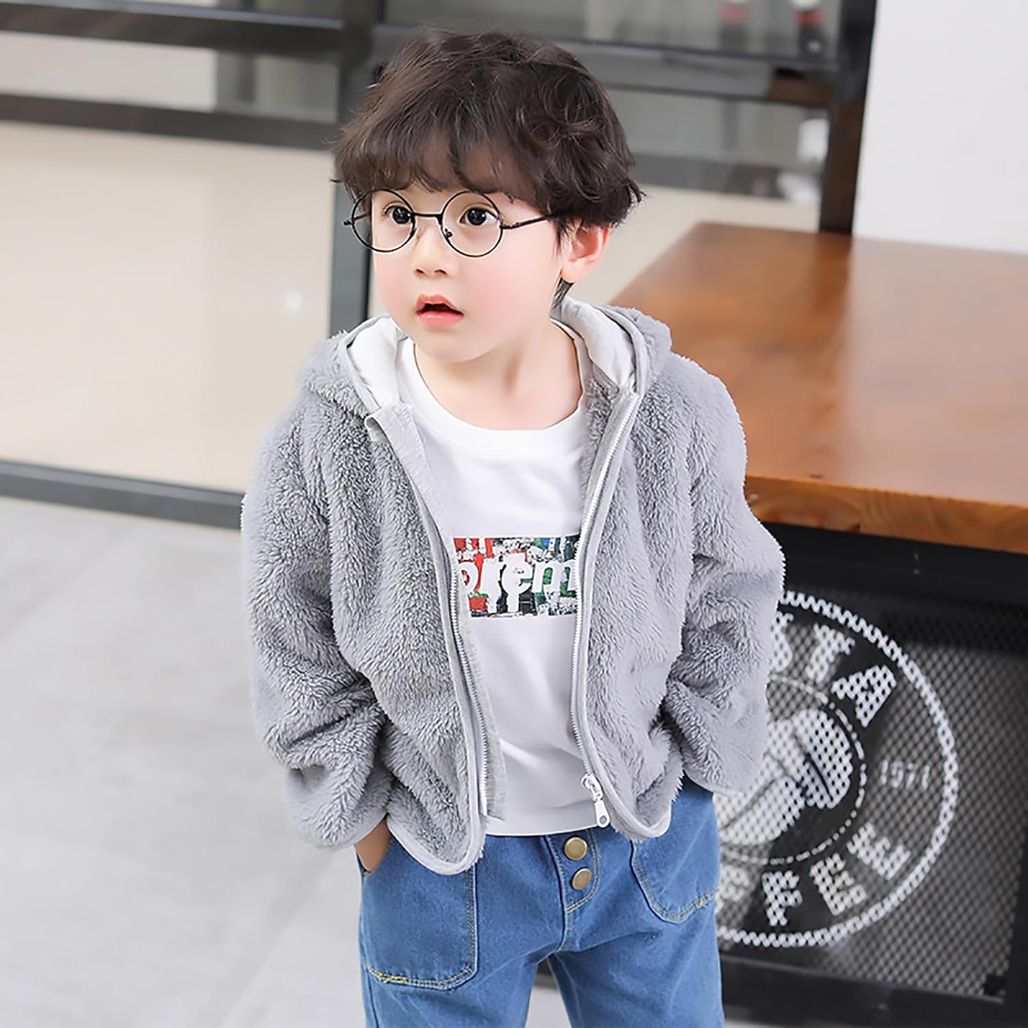 AIWUHE Baby Boys Girls Hooded Fleece Jacket Cute Bear Hoodie Zip Up Teddy Coat Sherpa Winter Warm Outwear With Pocket 1-6Y
