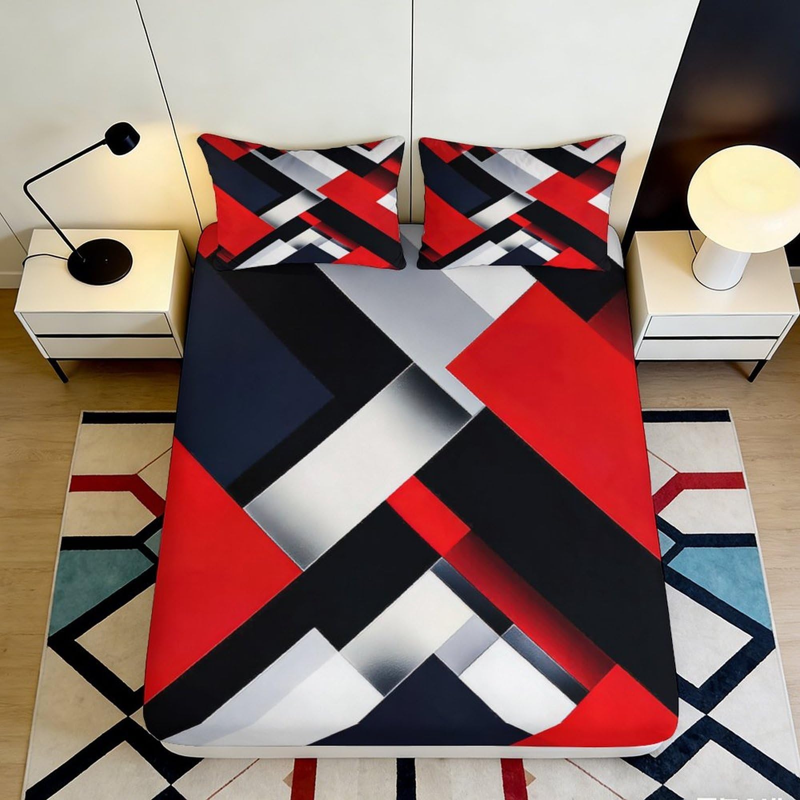3D Printed Geometric Colour Fitted Sheet Microfiber Deep Pocket Elastic Hem Geometric Mattress Fitted Cover for Adults Teens Bedroom 90x200x25cm