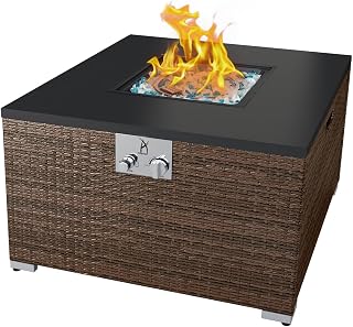 32'' Outdoor Low Profile Fire Table, 50,000 BTU Fire Table with Brown Wicker, Painted Steel Tabletop, Mix Color Glass Rocks, Including Lid and Cover, Fits 20lb Tank Outside, Square