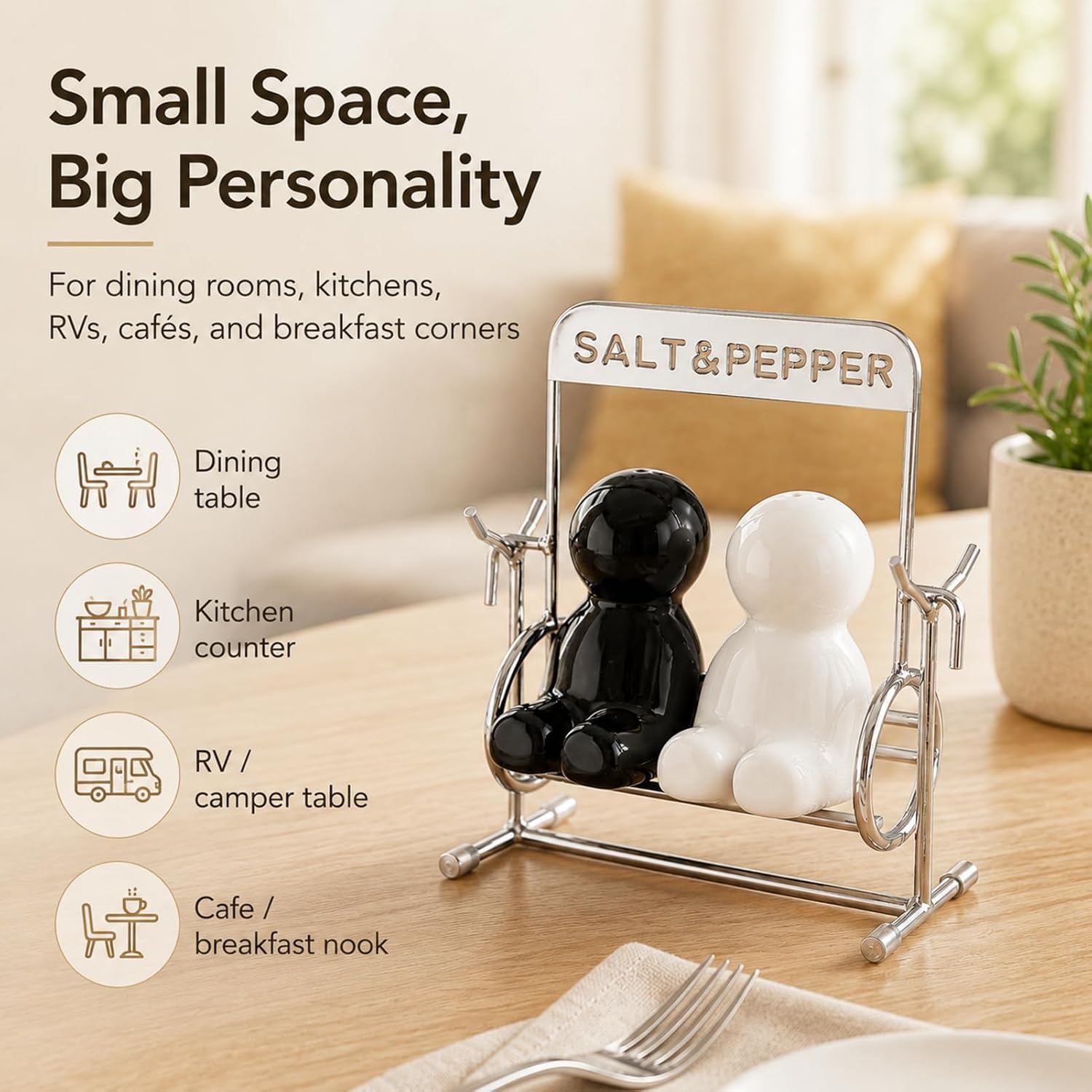2Pcs Cute Ceramic Salt and Pepper Shakers Set, Black and White Swing Couple Spice Jars with Metal Stand, Decorative Tabletop Seasoning Dispensers for Kitchen Dining Room Housewarming Gift