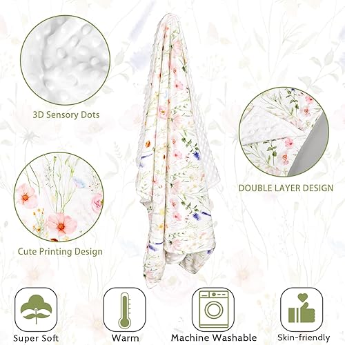 Miniatura 4 de Manta súper suave de Minky para niños pequeños, 30 x 40 pulgadas, doble capa, respaldo punteado, manta floral para cuna de bebé para guardería,