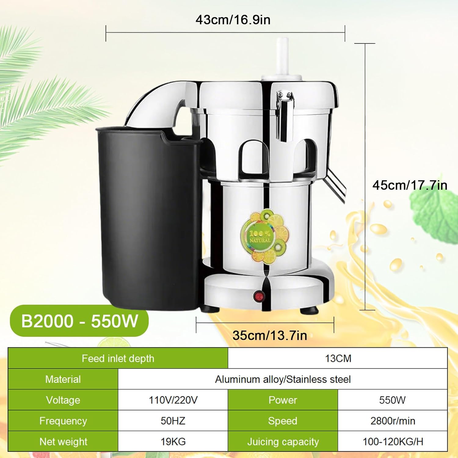 Commercial Juice Extractor, Electric Stainless Steel Centrifugal Juicer with Extended Juice Outlet & Deep Feeding Port, Auto Separate Juice & Residue, for Fruit and Vegetable B2000