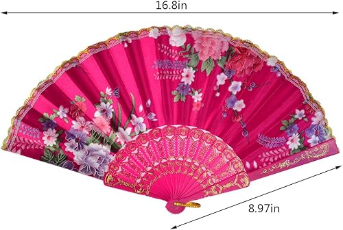 Miniatura 2 de Tayfremn Abanico de mano plegable floral, patrón de flores, con encaje lateral dorado, abanicos plegables de mano, abanicos plegables de mano para