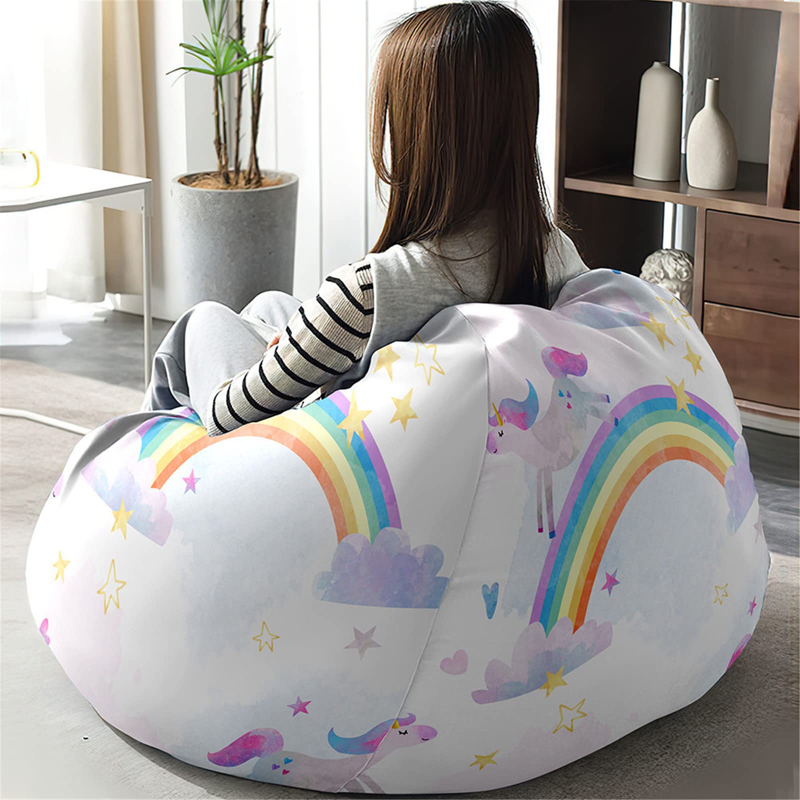 Treer Bean Bag Covers Without Filling, 3D Unicorn Pattern Soft Cotton Linen Beanbag Chair Cover Large for Kids & Adult, Zipper Bean Bag Chair Sofa Cover - Organizer (90x110cm,Rainbow)