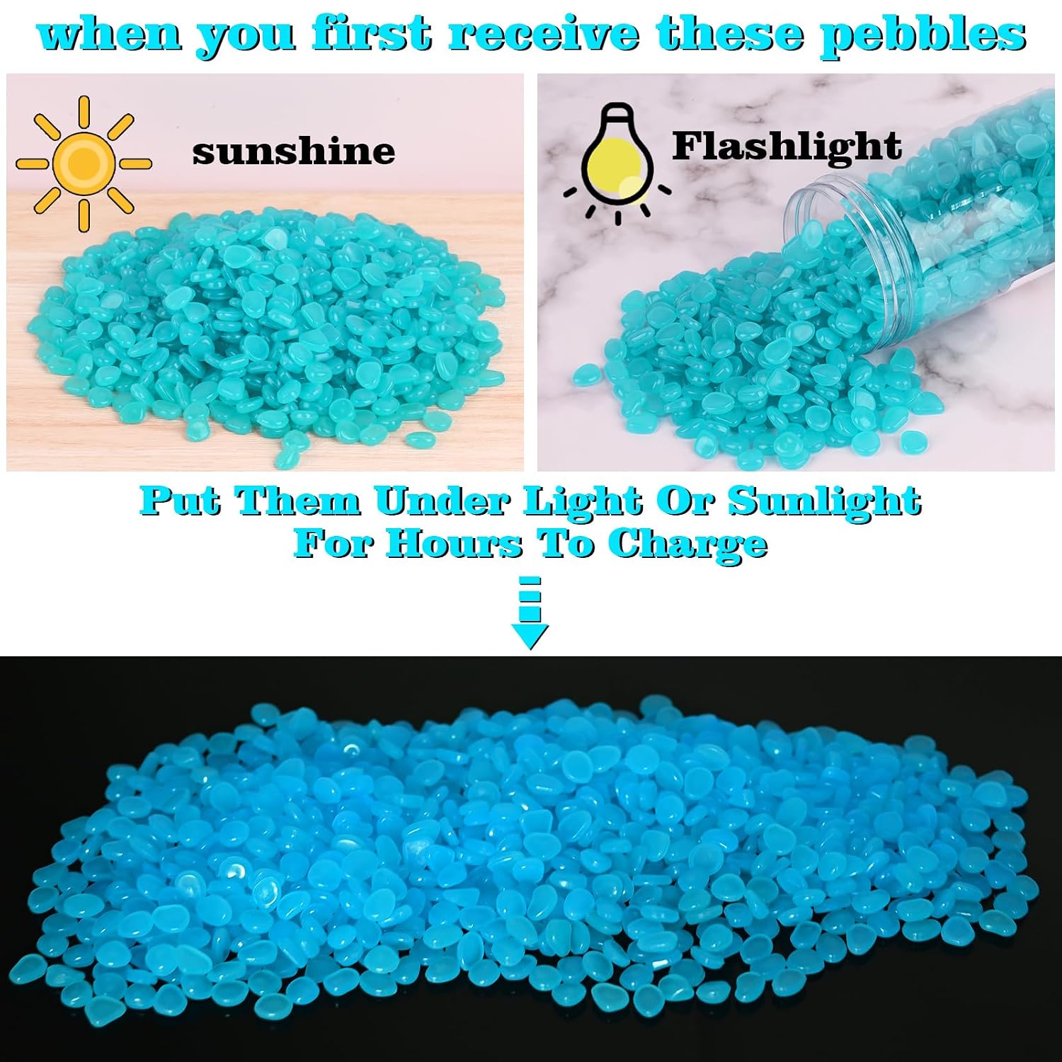 BokingOne 1000pcs Glow in The Dark Rocks Outdoor Decorations Stones Small Luminous Pebbles for Fish Tank Aquarium Lawn Patio Garden Indoor/Outdoor Decor and DIY Ideas -Light Blue