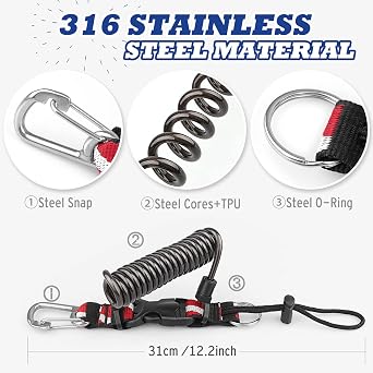 Scuba Diving Lanyard, Heavy Duty Stainless Steel Spring Coiled Lanyard with Quick Release Buckle and Dive Flag Strap