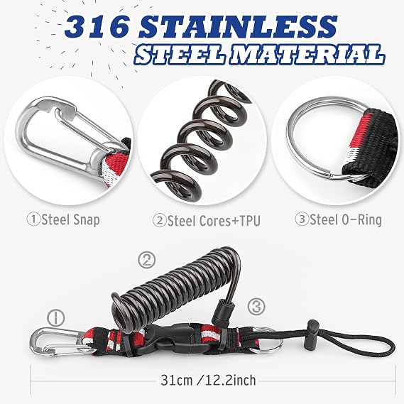 Scuba Diving Lanyard, Heavy Duty Stainless Steel Spring Coiled Lanyard with Quick Release Buckle and Dive Flag Strap