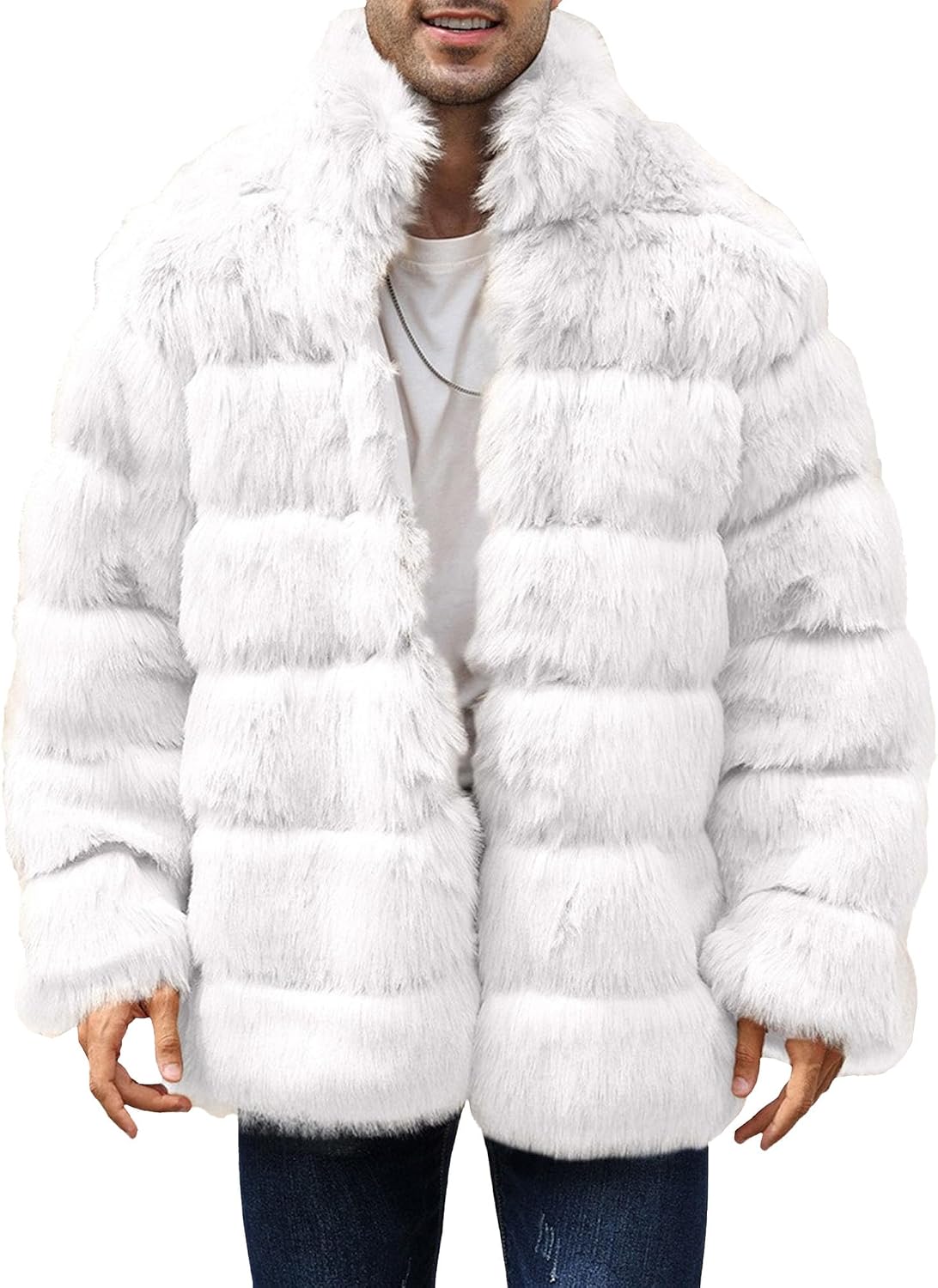 Men Stand Collar Solid Faux Fur Coat Mid Long Plush Faux Mink Outerwear Winter Classic Cozy Pocket Overcoat