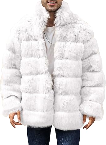 Mens Faux Fur Cardigan Coat Winter Warm Thicken Furry Parka Overcoat Long Sleeve Open Front Shaggy Cozy Outerwear