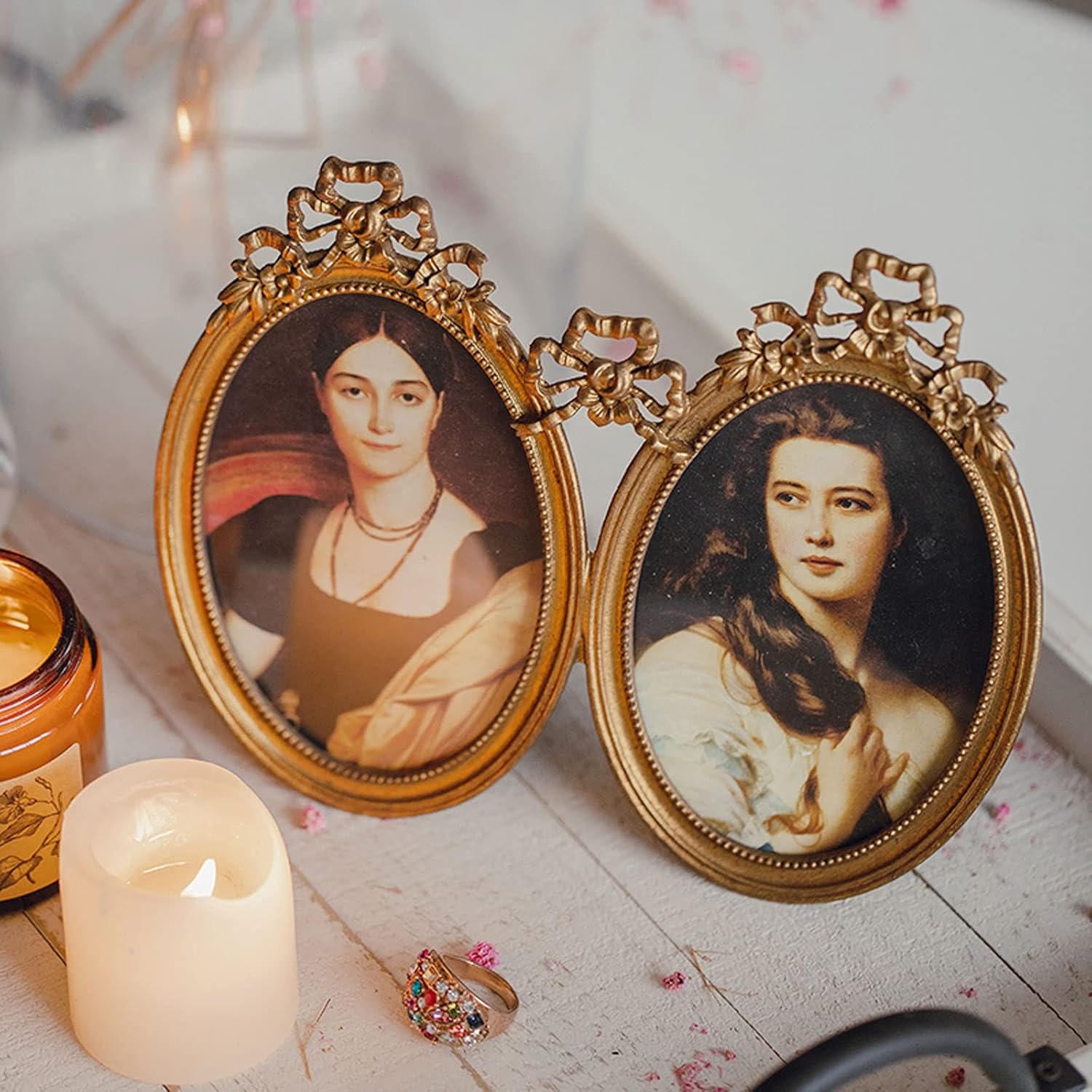 Picture Frames 3.5x5 Metal Picture Frames, Antique Picture Frames, 3.5 by 5 Vintage Oval Double Picture Frames for Photo Display Home Decor Tabletop Frame