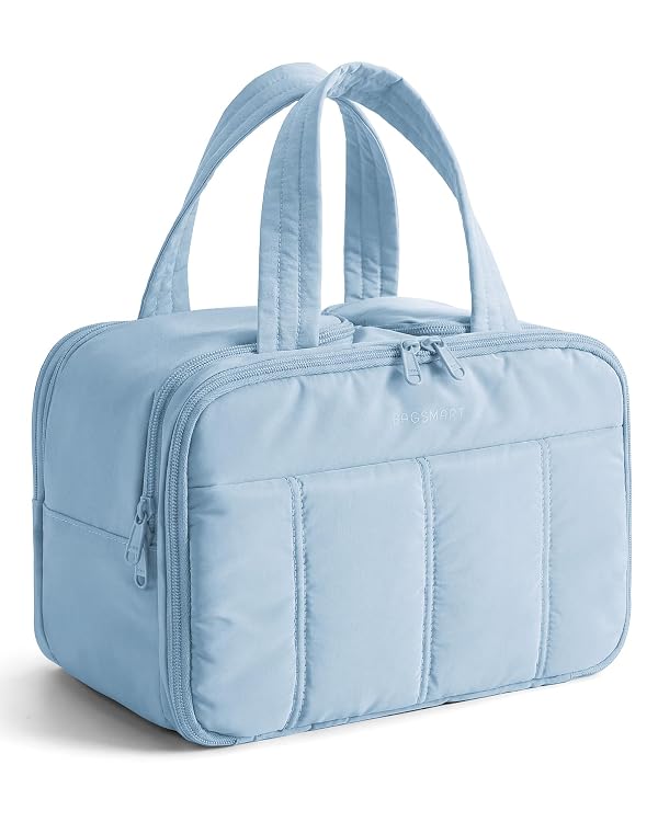 BAGSMART Travel Toiletry Bag, Puffy Large Toiletry Bag for Women, Lightweight Cosmetic Makeup Bag Organizer with Handle for Traveling, Accessories, Essentials, Toiletries (Light Blue) by BAGSMART - Used condition - US$18.80