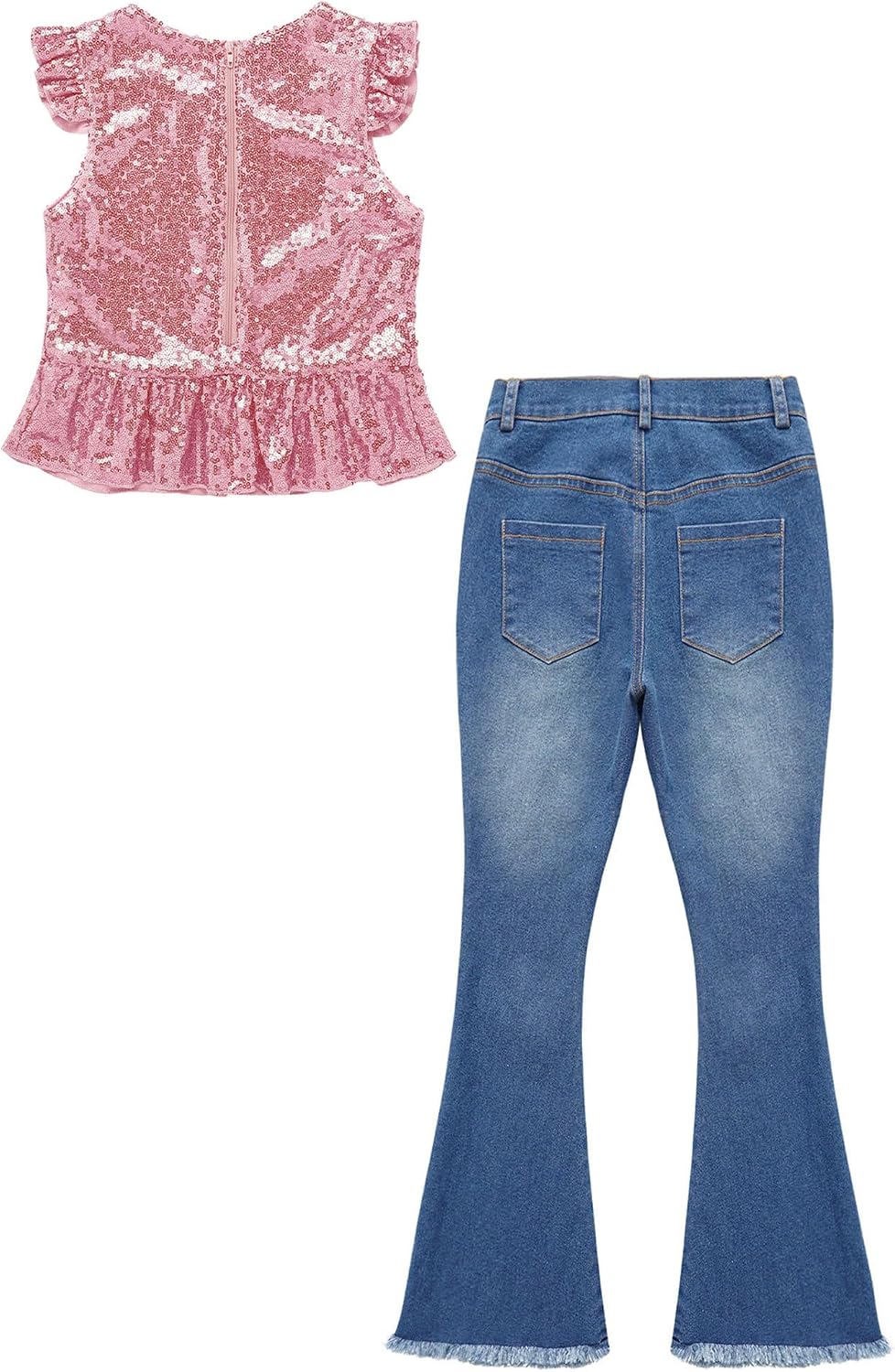 Kids Girls Flare Jeans Outfit Set Sequin Crop Top with Flare Denim Pants 2 Piece Outfits 4-16 Years