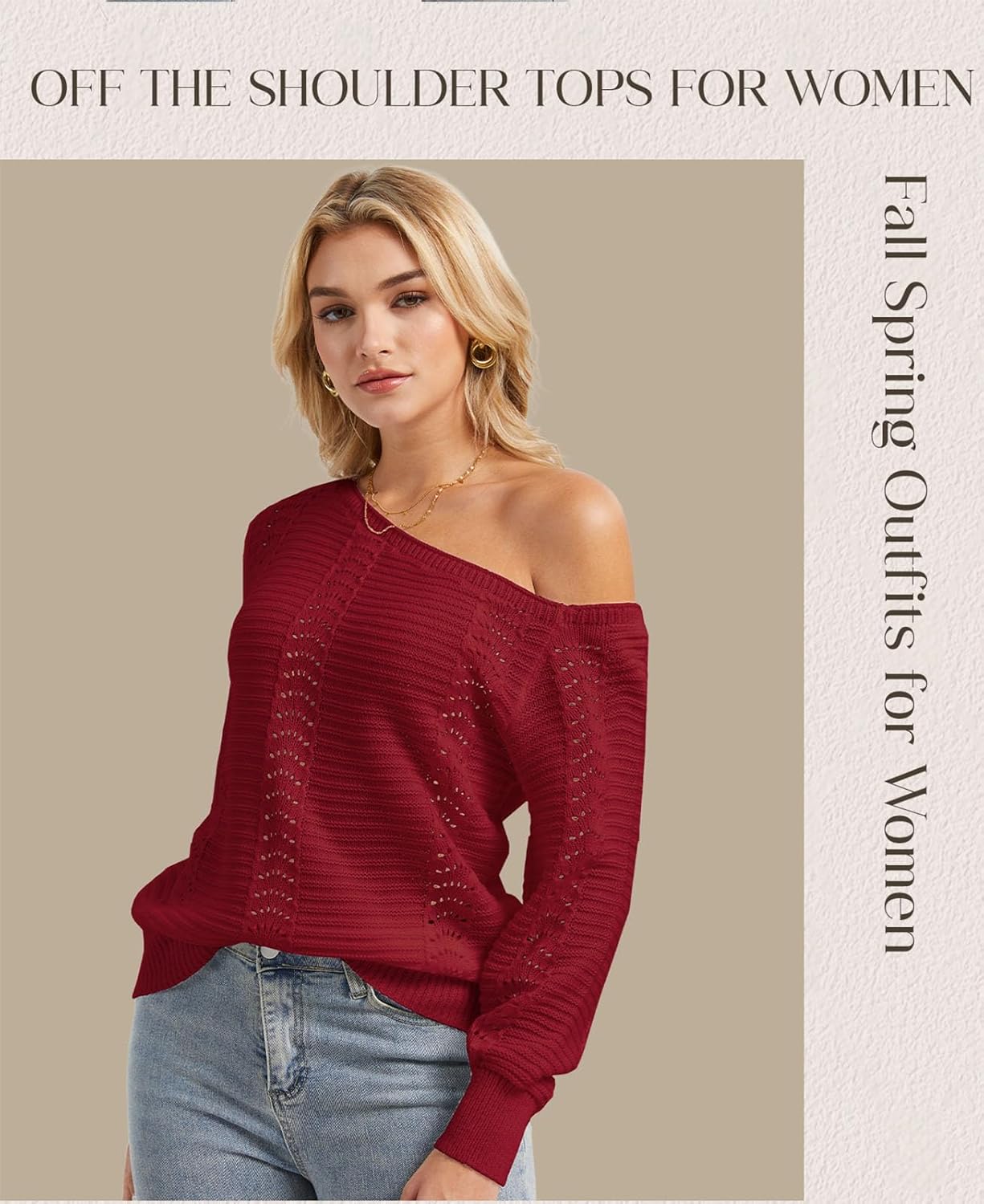 Womens Off The Shoulder Sweater Tops, Long Sleeve Crochet Pullover Sweater Dressy Casual Hollow Out Trendy Outfits - Image 5