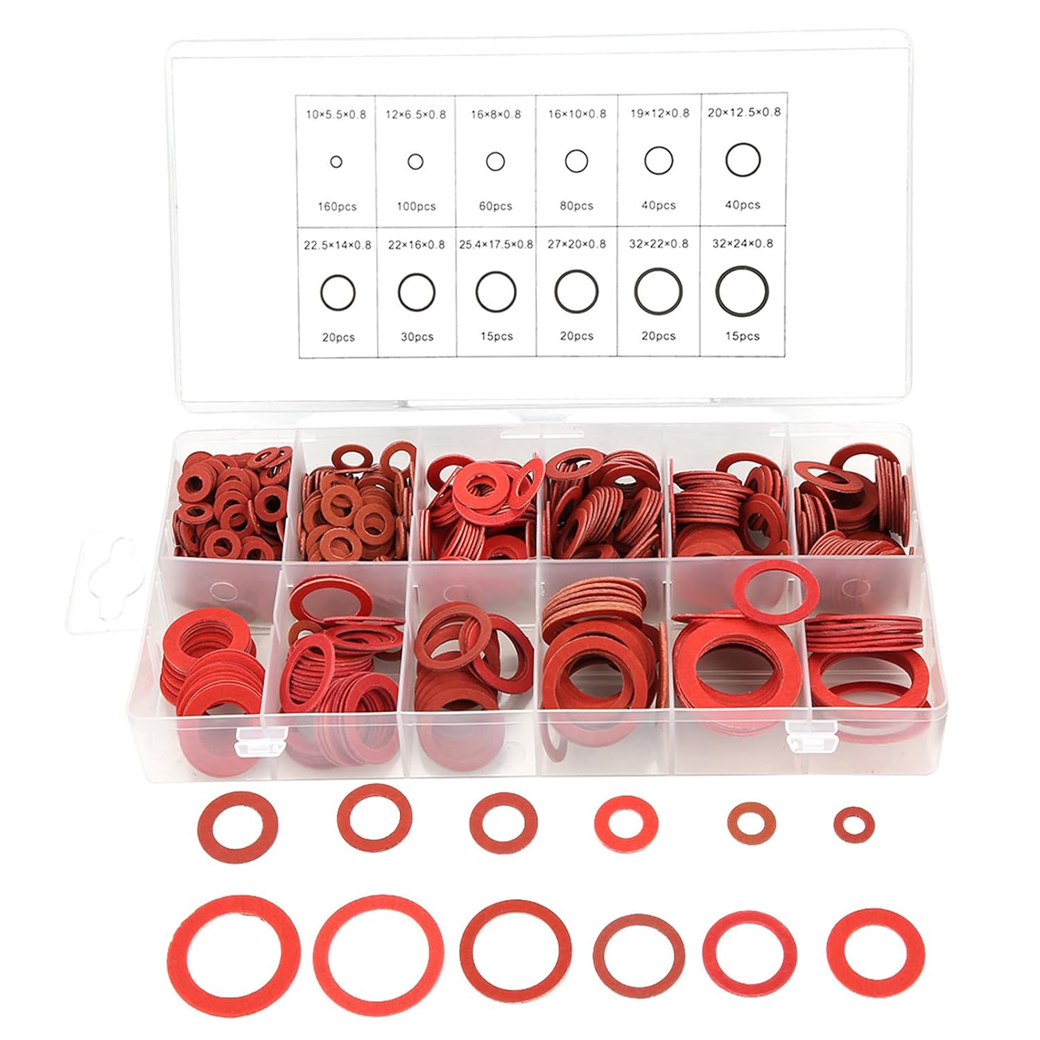 600Pcs Fiber Washers, 12 Sizes Insulated Fiber Washers Assortment, 0.8mm Thick Red Steel Paper Washer, Insulation Washer Assorted with Storage for Electrical Connections
