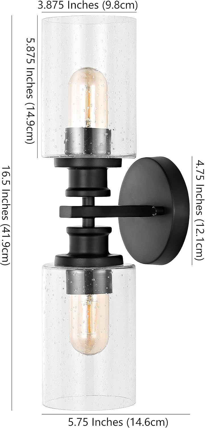 JONATHAN Y 16.5" Black 2-Light LED Wall Sconce, Modern Farmhouse Vanity Light with Seeded Glass Shade, Industrial Iron Fixture for Bathroom Mirror, LED Bulbs Included JYL7577A