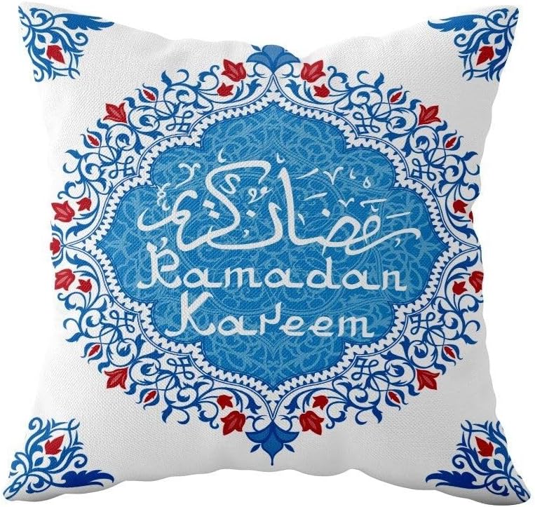 Pelangi Etnik Desen Ramazan Temalı Çift Taraflı Gizli Fermuarlı Yastık Kılıfı Kırlent Koltuk Yastık Kılıfı, Mavi-Beyaz 43 x 43