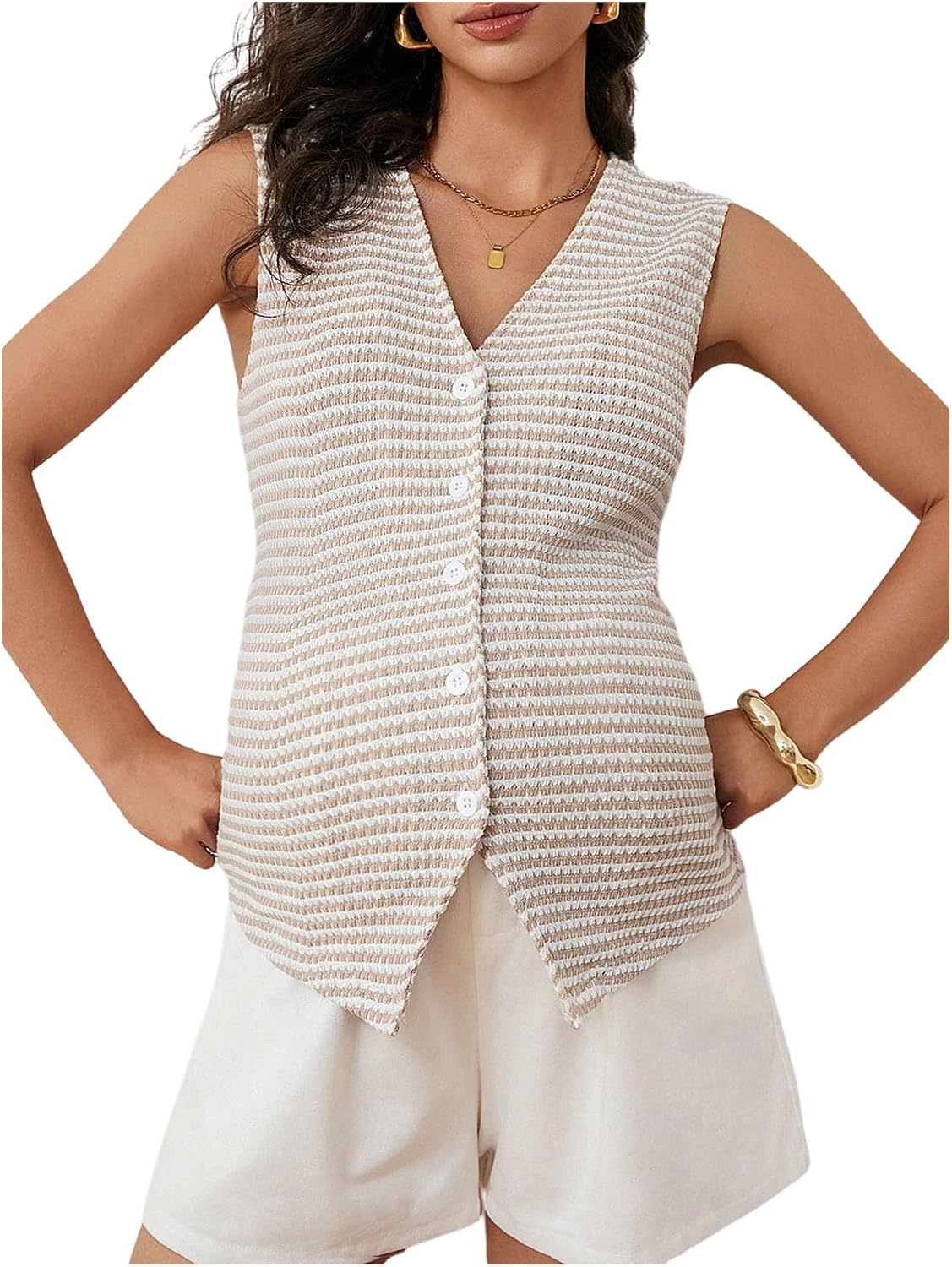 SweatyRocks Women's Maternity Tank Tops Striped Waffle Knit Button Down Office Top Business Casual Oufits