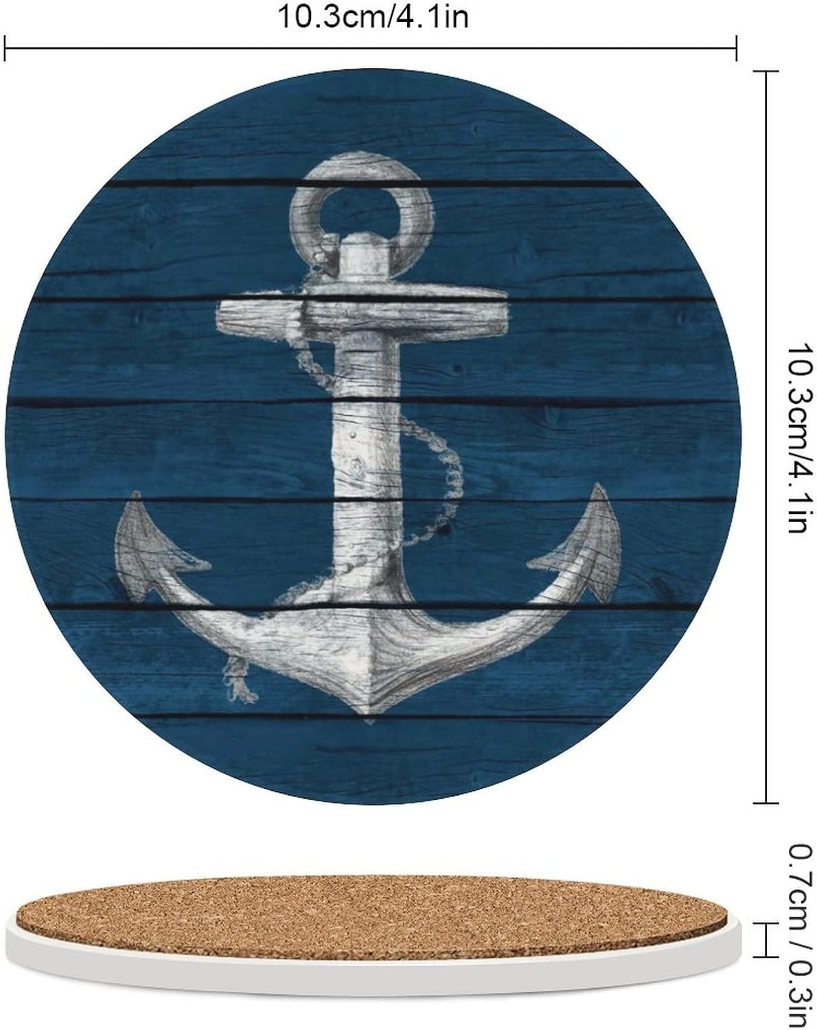 Anchor Wooden Coasters for Drinks, Set of 4, 4 Inch Absorbent Diatomite Ceramics Nautical Coasters with Cork Base, Tabletop Protection, Suitable for Dining Tables, Desks, Restaurants, Cafes
