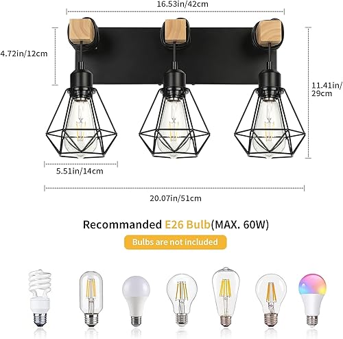 Miniatura 3 de Lámpara de tocador de granja de 3 luces, lámparas de baño industriales de madera sobre el espejo, pantalla de metal para baño, pasillo, sala de estar