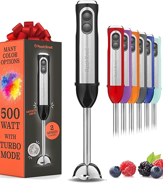 Powerful Immersion Blender, Electric Hand Blender 500 Watt with Turbo Mode, Detachable Base. Handheld Kitchen Gadget Blender Stick for Soup, Smoothie, Puree, Baby Food, 304 Stainless Steel Blades